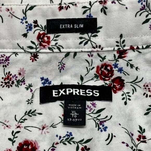 Express Button Up Shirt Men's XL White Red Rose Floral Print Extra Slim Fit EUC - Picture 11 of 12
